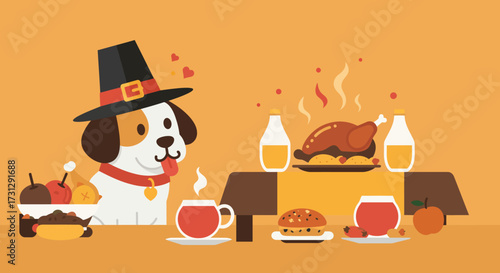 Thanksgivingthemed cartoon featuring a dog wearing a pilgrim hat at a table laden with food