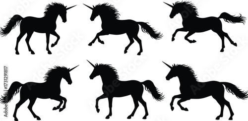 Magical unicorn silhouette collection, black mythical horse, fantasy creature, elegant mane, prancing pose, vector art, mystical animal, isolated design