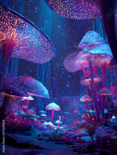 Enchanted Bioluminescent Mushroom Forest at Night