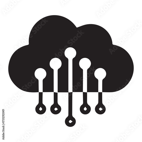 A Stylized Black and White Icon Representing Cloud Computing, Featuring a Cloud Shape with Multiple Upward and Downward Extending Circuits or Data Streams