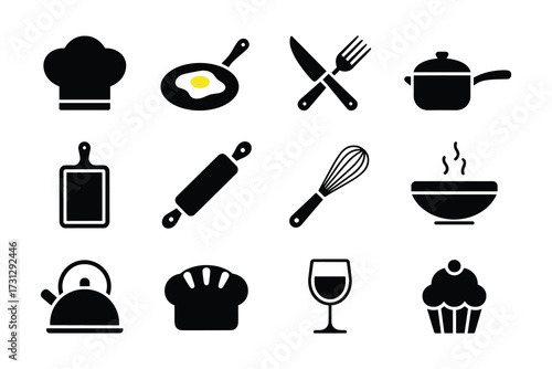 Cooking Tools Vector Illustration Collection Kitchen Utensils Chef Hat Food Icons