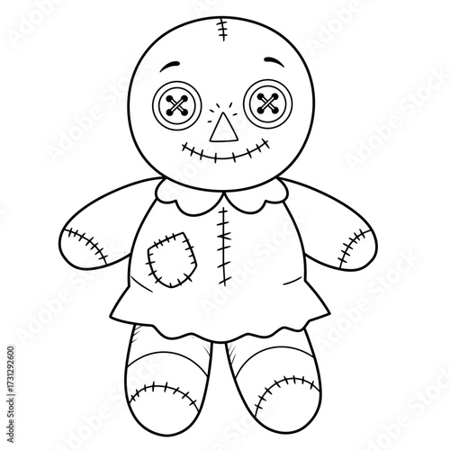 Cartoon rag doll with button eyes, stitched smile, and patchwork dress. Simple black-and-white line art.