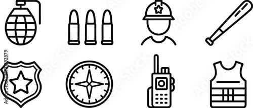 Military and security outline icons set with grenade, bullets, soldier helmet, police badge, compass, walkie-talkie, bulletproof vest, and baseball bat vector