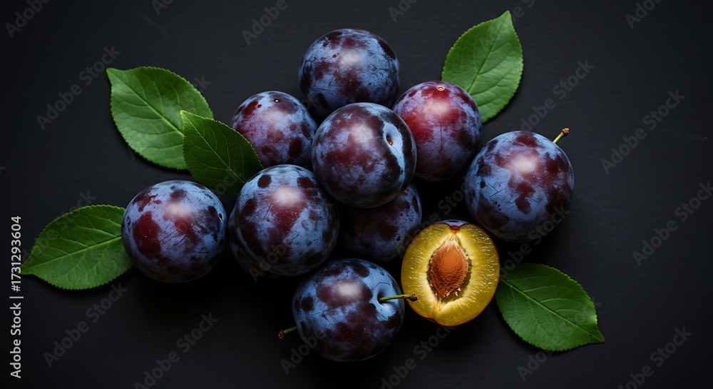 Fototapeta premium Fresh plums with green leaves against a dark background