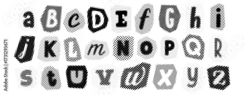 Retro pixelated letters design. Black halftone alphabet. Comic pop art cut out font. Rasterized bitmap English alphabet. Old fashioned newspapers typography set. Vector aged textured dotted abc pack