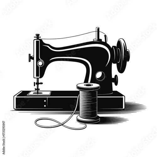Sewing Machine Vector Spool Thread Equipment Isolated Black and White