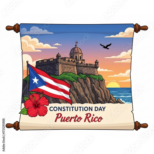 Puerto Rico Constitution Day Celebration - Historic Fortress, Flag, and Tropical Flower at Sunset