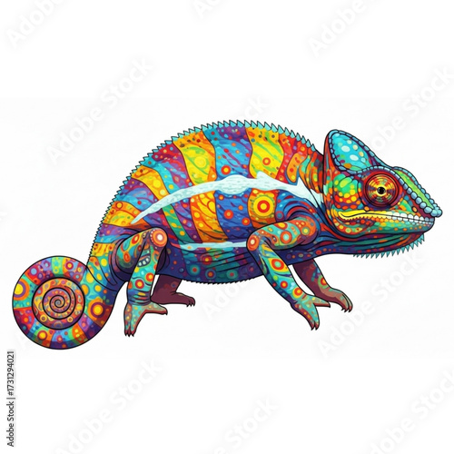 Vibrant Chameleon Illustration A Close-Up View of a Colorful Reptile with Intricate Patterns and Swirling Designs on a White Background