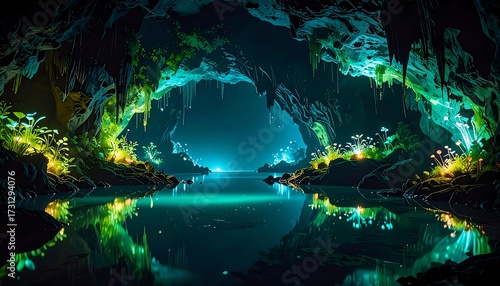 Dark cave, vibrant green lights, tranquil water