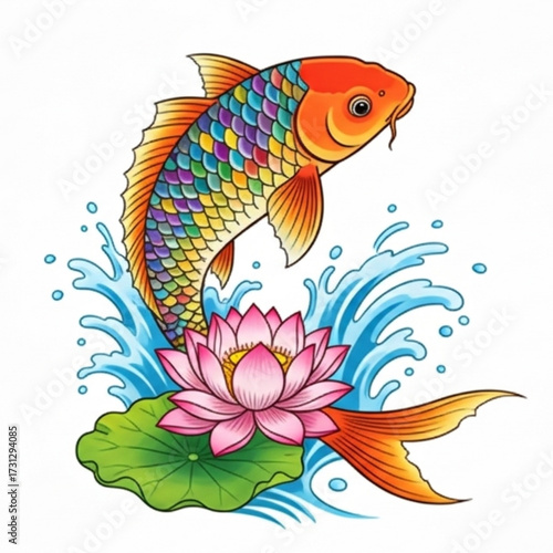 Koi Fish and Lotus Flower Illustration Symbol of Good Fortune and Spiritual Enlightenment