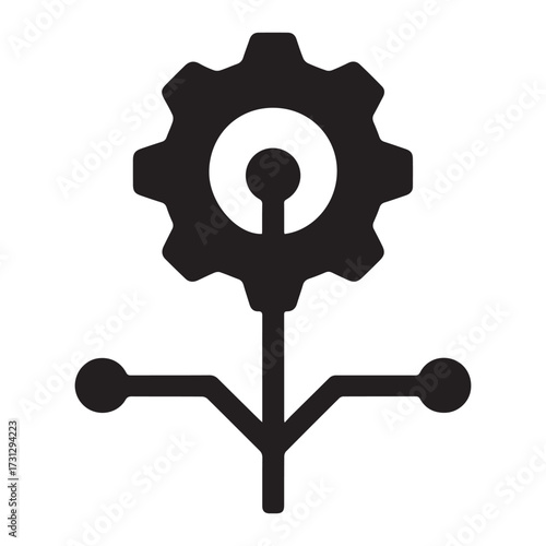 Technology concept illustration showing gear connected to data network for IT infrastructure and system integration
