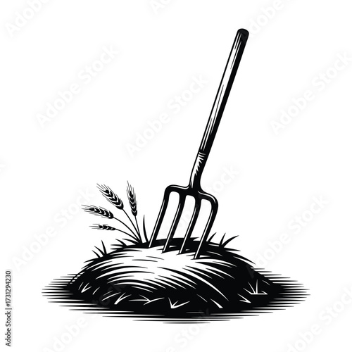 Pitchfork in Haystack Vector Illustration for Agriculture Farming Concept.