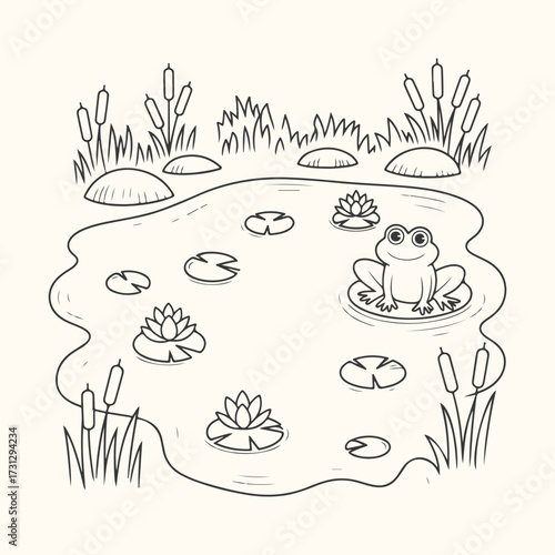 Vector art of a charming handdrawn illustration of a happy frog sitting on a lily pad in a tranquil pond surrounded by cattails and water lilies, evoking a sense of nature and peacefulness