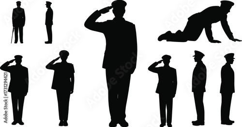 Military salute soldier silhouette set showing army man standing, kneeling, and saluting in different poses for war, respect, discipline, and patriotism vector.