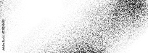 Black dotted grain gradient texture. Stippled gritty sand overlay. Grunge sprayed noise background. Rough distressed dotwork backdrop with dust, particles, speckles. Vector subtle grit speck wallpaper