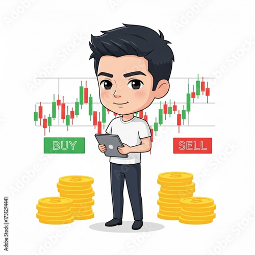 Successful Young Investor with Tablet and Gold Coins in Front of Stock Market Chart Buying and Selling