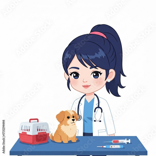 Cartoon female veterinarian in a white coat with a stethoscope examining a cute puppy on a table with a carrier and syringes