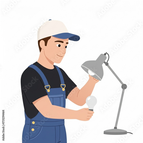 Young male electrician character in a blue uniform carefully installing a new lightbulb into a modern desk lamp, representing home improvement and repair services