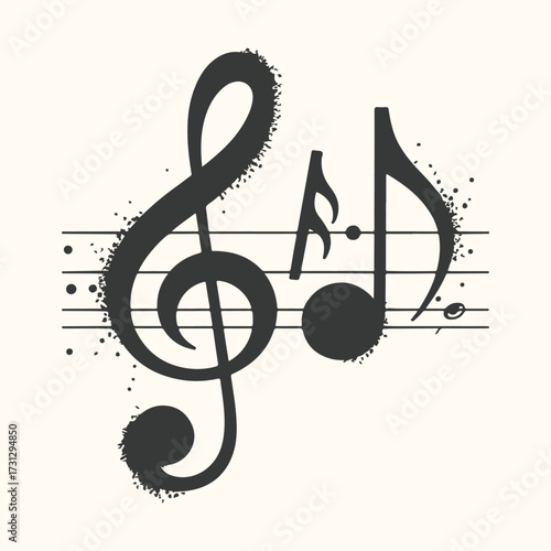 Art of a striking black treble clef and musical notes are depicted against a backdrop of staff lines, with a gritty, textured effect adding a unique artistic flair to the composition