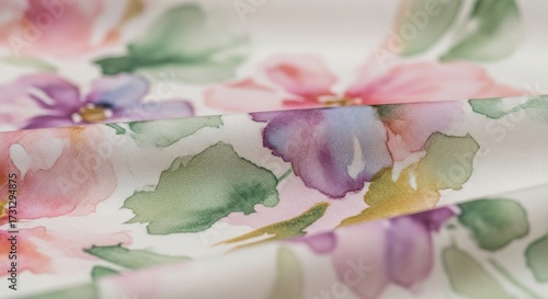 Watercolor Floral Fabric: Soft Colors, Delicate Petals, Close-up View.
