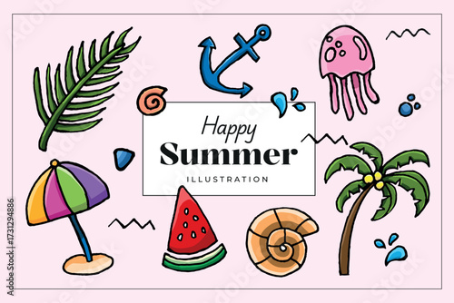 Playful cartoon style vector art with iconic summer objects and tropical motifs for fun holiday and vacation themed graphic design projects