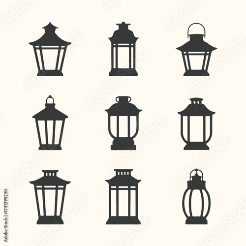 Art of collection of nine diverse lantern icons, each uniquely designed with intricate details, presented in a uniform dark silhouette against a plain, lightcolored backdrop