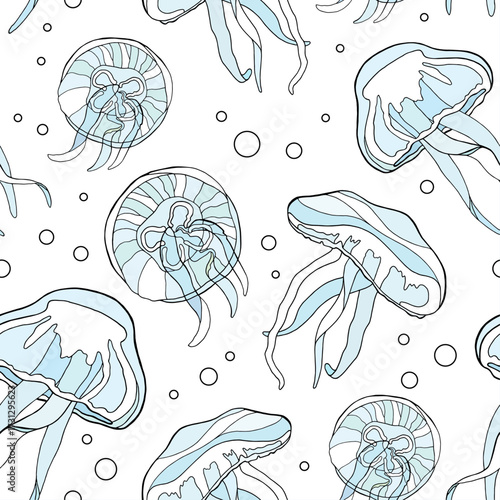 Seamless pattern of delicate blue jellyfish with black outlines floating among small bubbles on a white background, evoking an underwater theme.