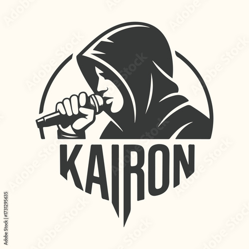 Art of modern and striking logo design featuring a hooded figure holding a microphone, with the name kairon prominently displayed below, perfect for music artists, rap culture, or event branding