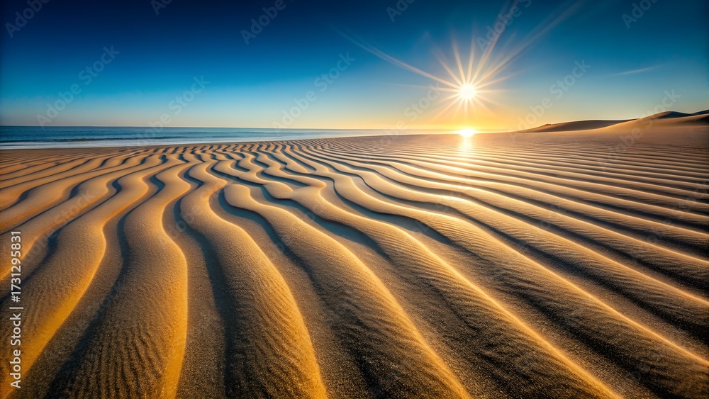 Naklejka premium Golden Sunset Over Rippled Sand Dunes at the Coast with Sparkling Ocean and Clear Blue Sky Creating a