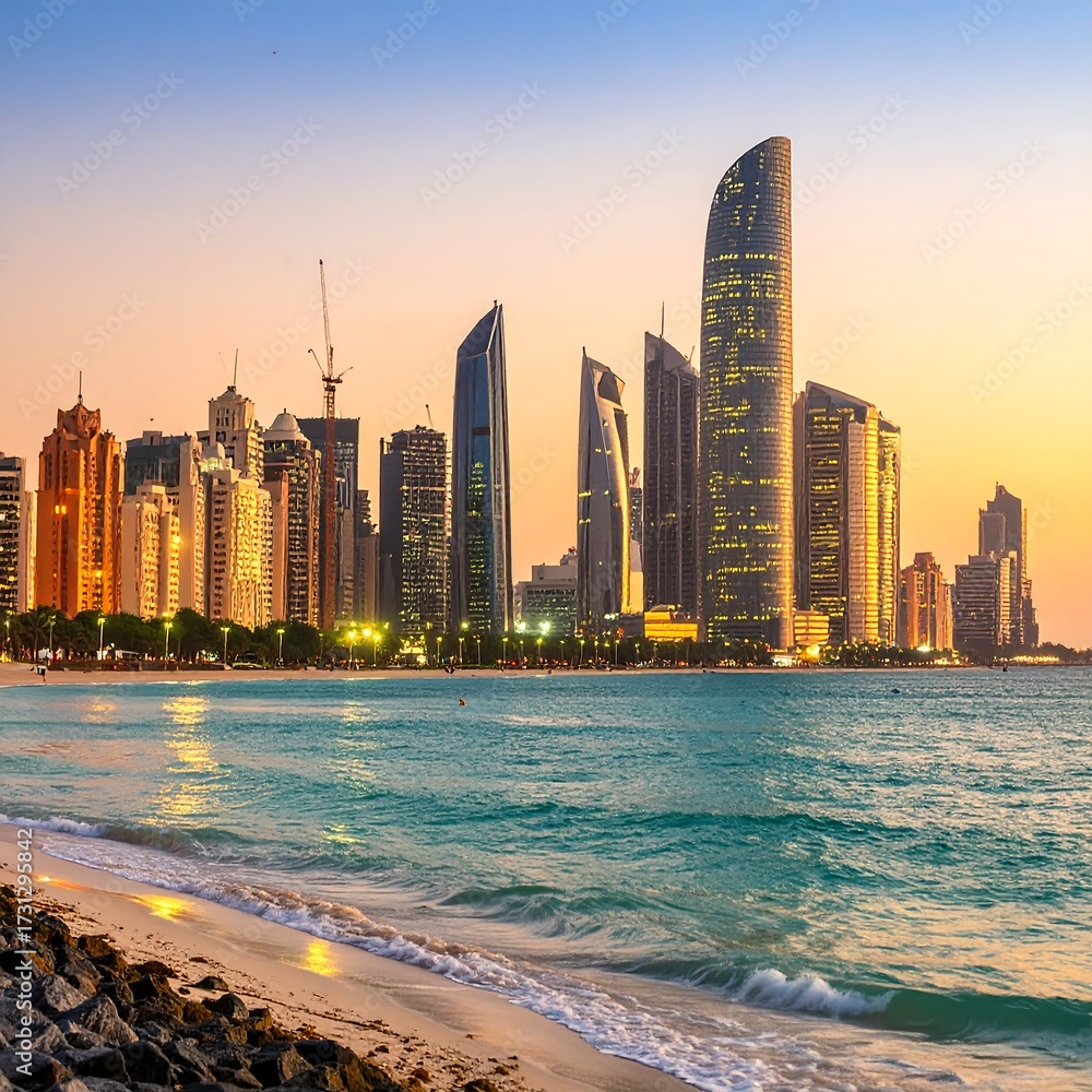 Fototapeta premium City skyline at sunset over the beach