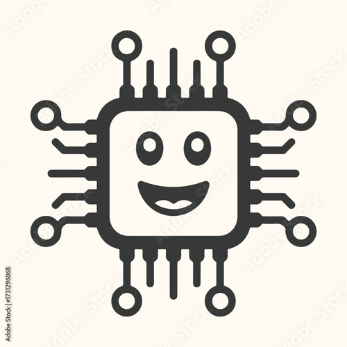 Vector art of a cute and friendly microchip with a smiling face and protruding legs, representing artificial intelligence, technology, and digital innovation in a simple, stylized iconographic design