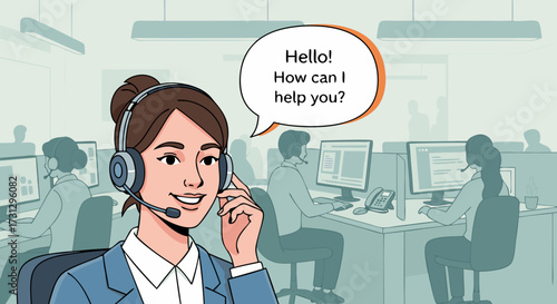 Smiling Customer Service Agent in Call Center Office Providing Online Support and Assistance