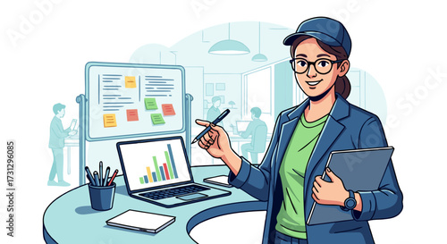 Professional customer service representative wearing headset, working on laptop at desk with office supplies, providing excellent support and assistance