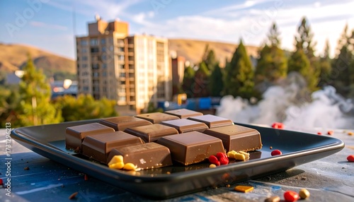 Dark chocolate squares on plate, city skyline view
