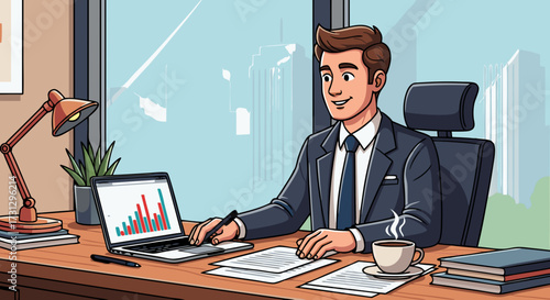 Successful Businessman Working at His Desk with Laptop and Coffee, Looking Confident and Professional in a Modern Office Environment