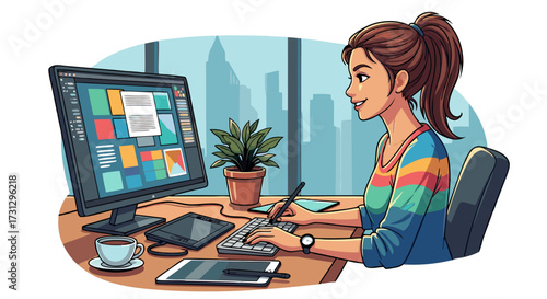 Business person holding a bright idea lightbulb with arrows pointing outwards showcasing innovation and strategic thinking in a modern office setting