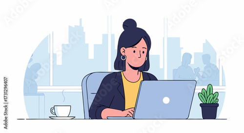 A young woman with blue hair sitting on a stack of books working on a laptop with a lightbulb symbolizing a great idea above her head