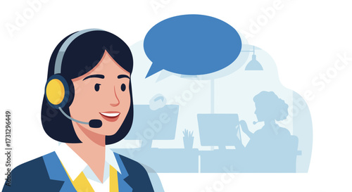 Customer service representative wearing headset and smiling, speaking with a thought bubble, office setting in background