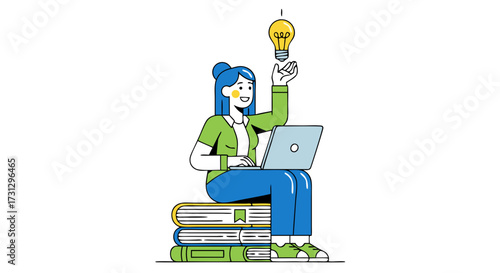Innovative Woman with Laptop on Books Under a Glowing Lightbulb Symbolizing a Brilliant Idea and Knowledge Acquisition