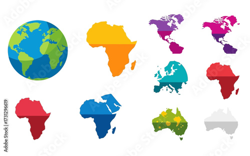 Illustration of a world globe and continent maps including africa europe australia and north america
