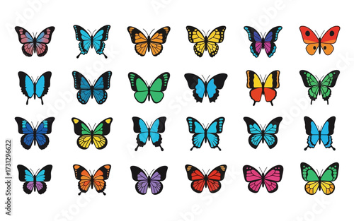 A collection of twenty four colorful butterflies displayed in a grid pattern with various wing designs