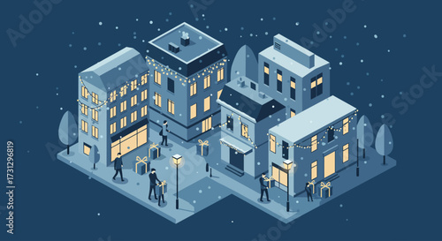 A tranquil flat design cityscape on Christmas Eve, showcasing modern buildings subtly decorated with festive lights under a gentle snowfall. 