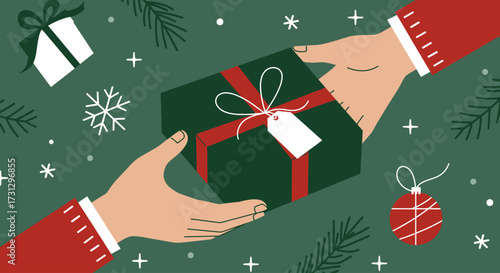 This flat design illustration captures the heartwarming moment of exchanging or opening a beautifully wrapped Christmas gift on Christmas Eve. 