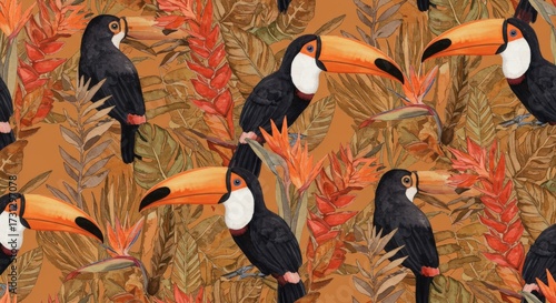 Watercolor Toucans and Tropical Foliage Seamless Pattern