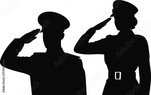 Silhouette of male and female military officers saluting, standing in respect and honor, perfect for army, war, veteran, and memorial day design