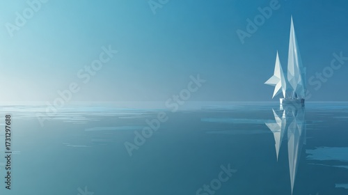 Abstract geometric sailboats floating on calm water surface against blue sky