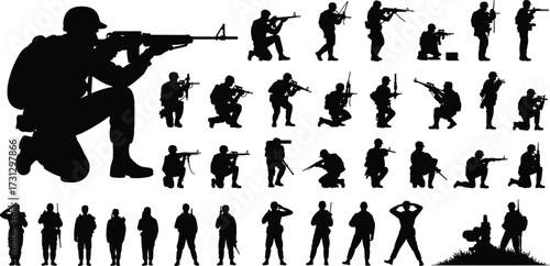 Silhouette set of soldiers with rifles in battle positions, standing, kneeling, saluting, and shooting, perfect for war, army, and military design