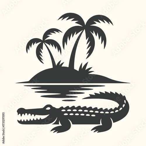 Vector art of silhouette of a crocodile swimming in the water with a small island and palm trees in the background, representing a tropical or exotic location
