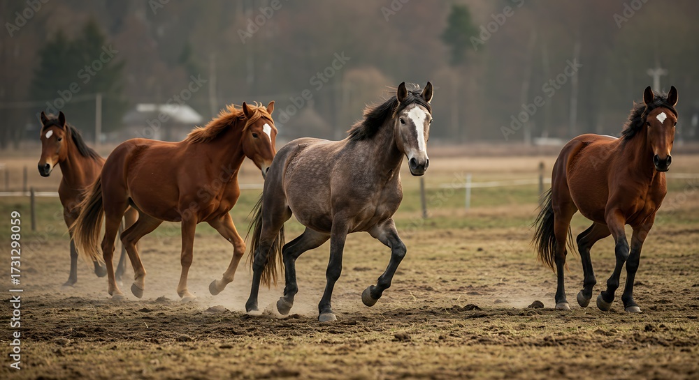 Fototapeta premium Group of horses running across a field on a cloudy day