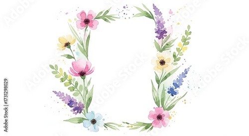 Watercolor Floral Wreath with Pink, Yellow, Purple Flowers.